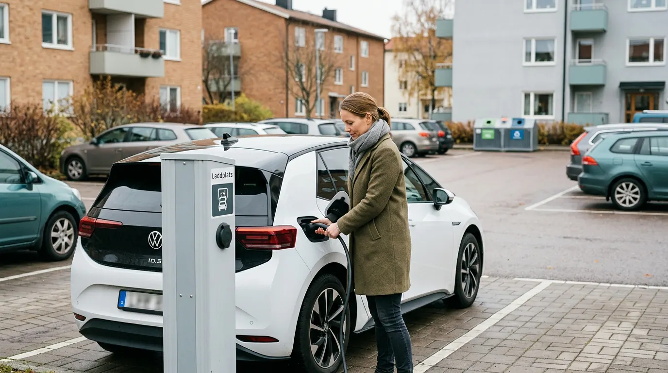 Grönt billån till elbil Privatkund tittar på en elbil inför grön finansiering